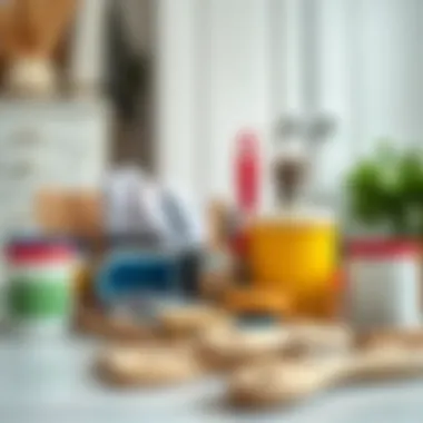 An array of painting supplies including brushes, paints, and protective gear for cabinet painting