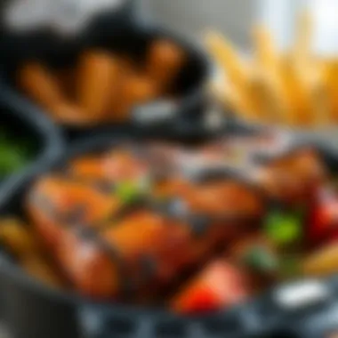 A close-up of a perfectly cooked meal from an air fryer, highlighting texture and color.