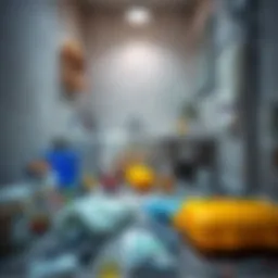 Mold removal supplies scattered in a bathroom