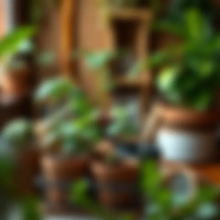 An indoor plant care setup showcasing various tools and pots