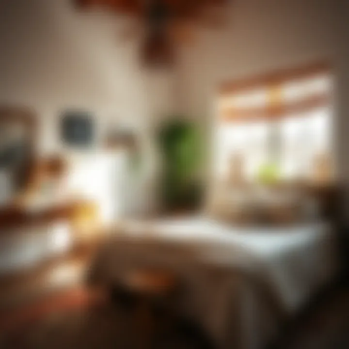 A serene bedroom showcasing bohemian style with layered bedding and artistic accents.