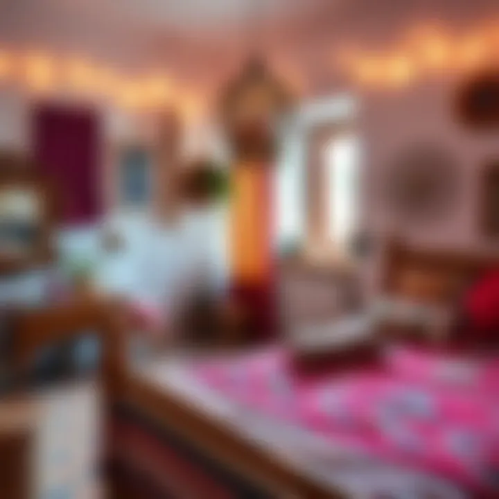 Colorful bohemian bedroom with unique decor elements