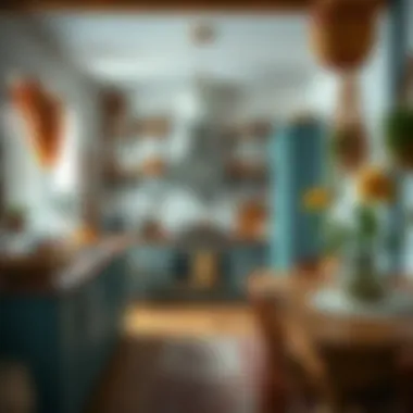 An artistic kitchen space with unique furniture and decor elements.