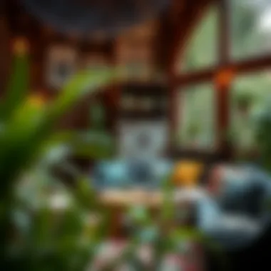 Cozy bohemian outdoor space with plants and textiles