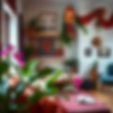 A cozy reading nook adorned with colorful textiles and plants.