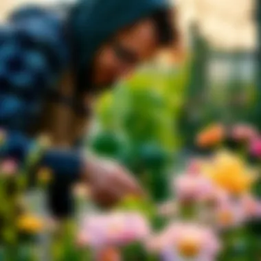 Gardener tending to blooming flowers with love