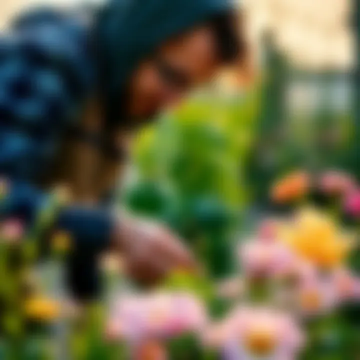 Gardener tending to blooming flowers with love