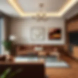 Elegant living room featuring walnut color accents