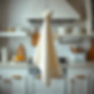 A pristine kitchen cloth hanging elegantly in a well-organized kitchen.