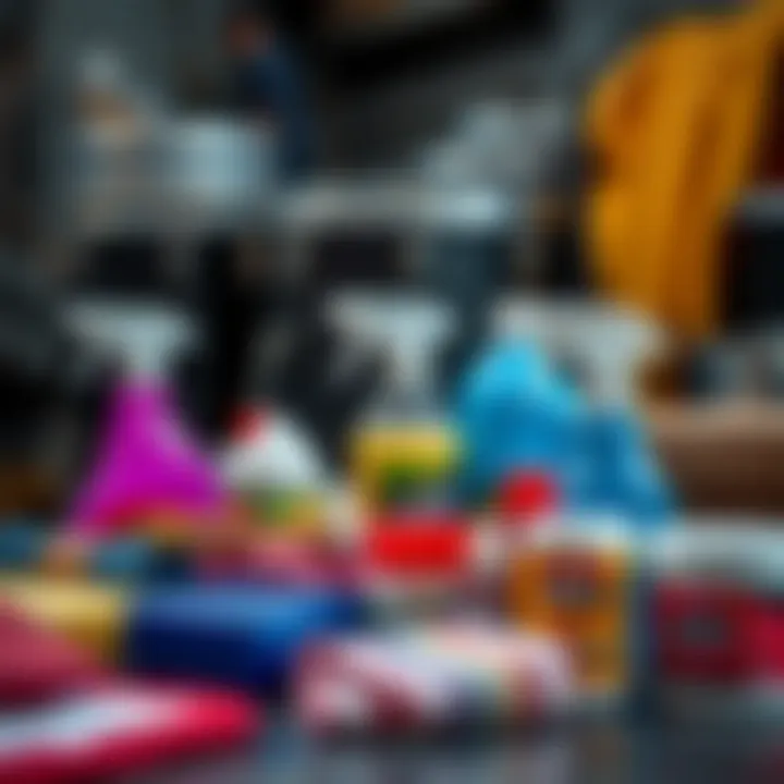 A variety of cleaning supplies arranged neatly for drum oven maintenance