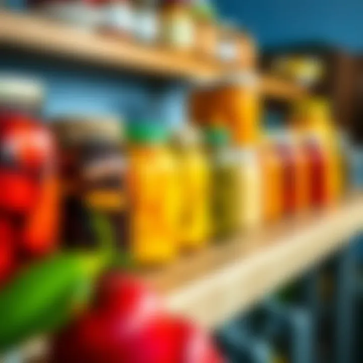 An array of jars lined up on a kitchen shelf, filled with colorful preserves