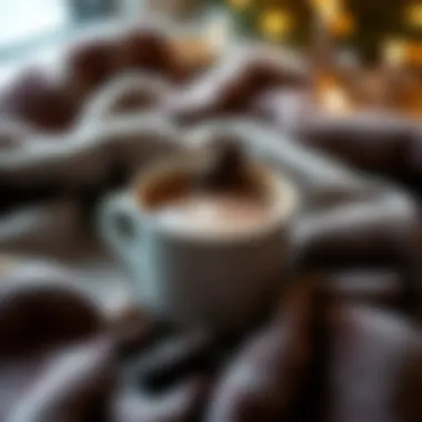 A cozy setting with a blanket and a steaming mug of hot chocolate