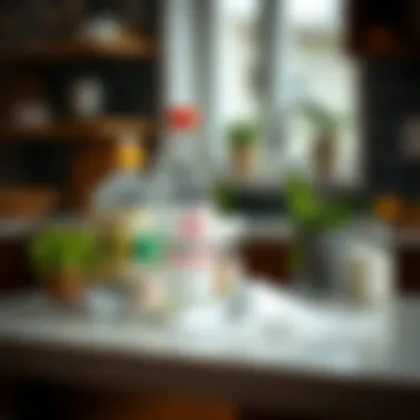 Natural cleaning ingredients like vinegar and baking soda on a kitchen countertop