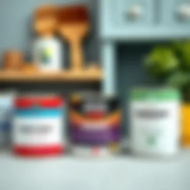 Different types of paint cans for cabinet painting.