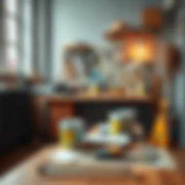 A workspace set up for cabinet painting with tools and materials.