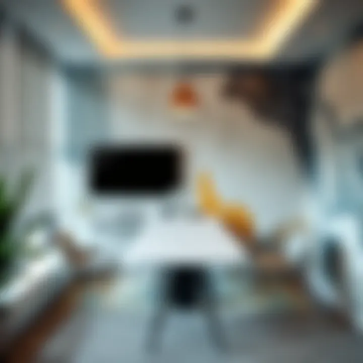 Chic office space with abstract wallpaper