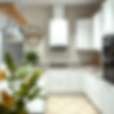 Modern kitchen featuring geometric wallpaper