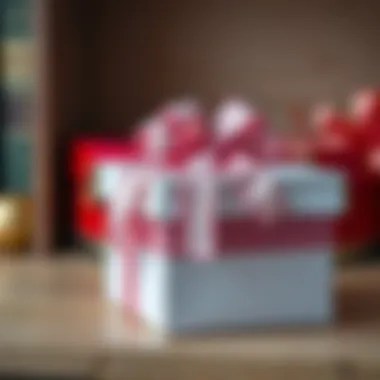 A beautifully wrapped gift box with a decorative ribbon placed on a shelf