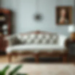 Elegant reupholstered vintage sofa showcasing fabric texture