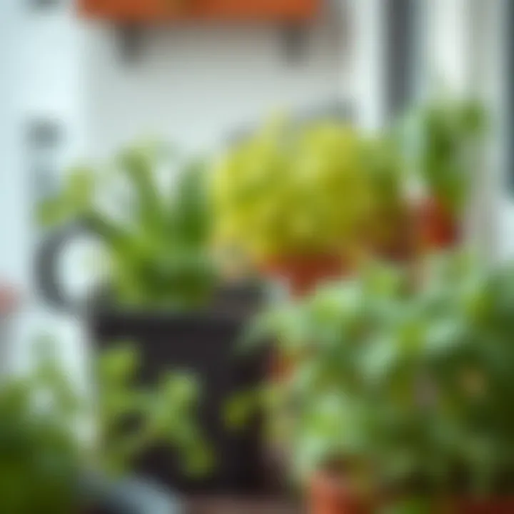 Close-up of potted herbs on a balcony