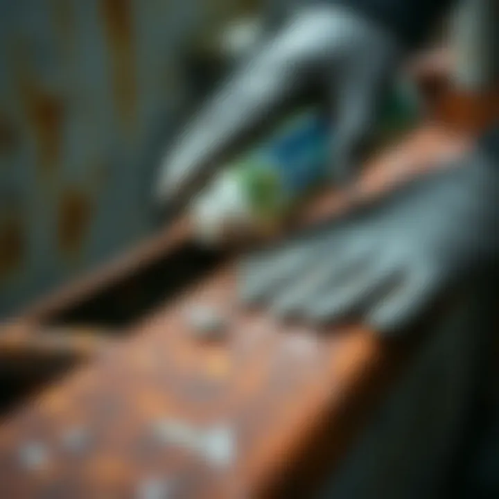 A person applying a cleaning solution on rusted metal