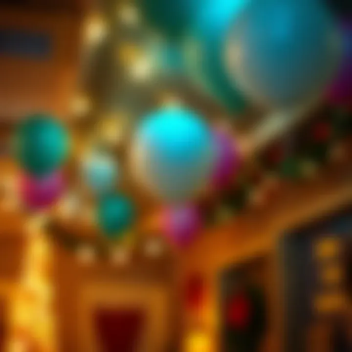 Festive atmosphere with balloons and string lights.