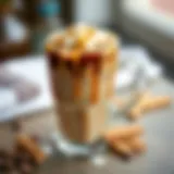 Chilled coffee beverage with ice and caramel drizzle