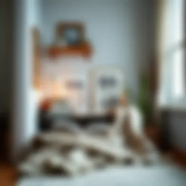 A cozy reading nook with a stack of books and a warm blanket