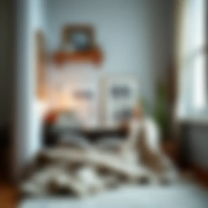 A cozy reading nook with a stack of books and a warm blanket