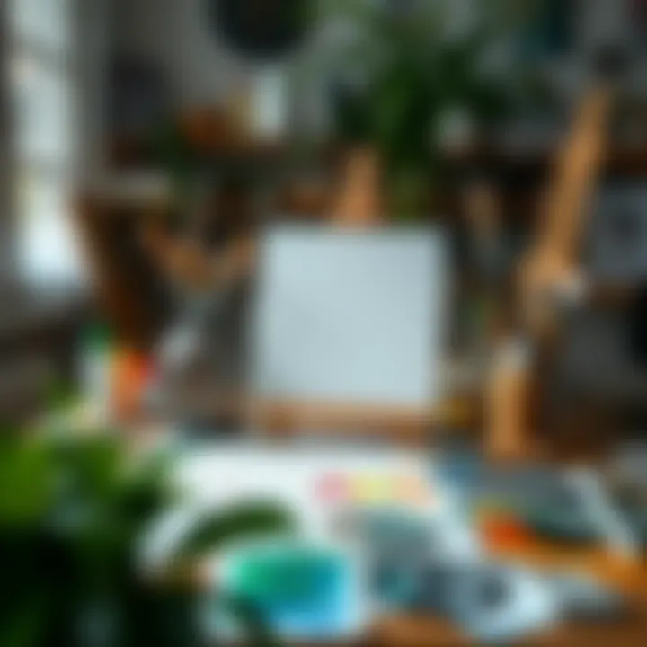 Art supplies scattered on a table with a half-finished painting