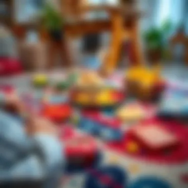 A game night setup with board games and snacks on a colorful rug