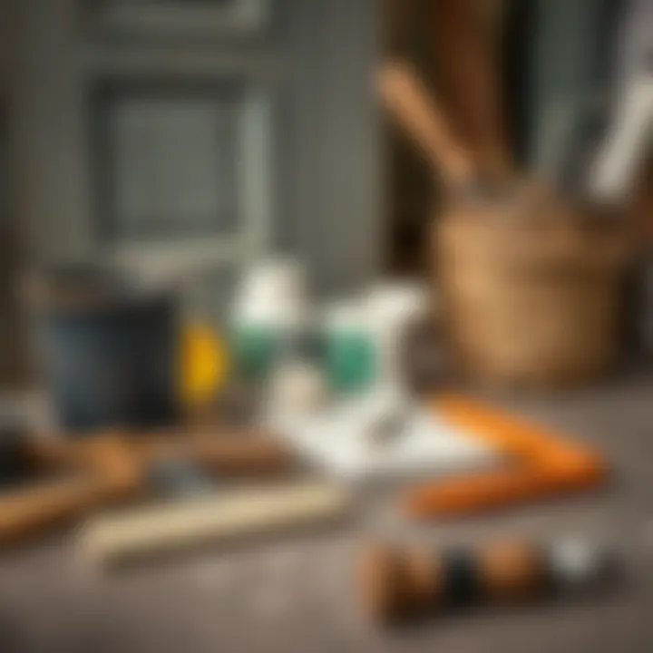 Tools and materials laid out for door painting preparation.