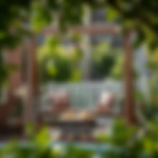 A beautifully designed garden swing set surrounded by greenery