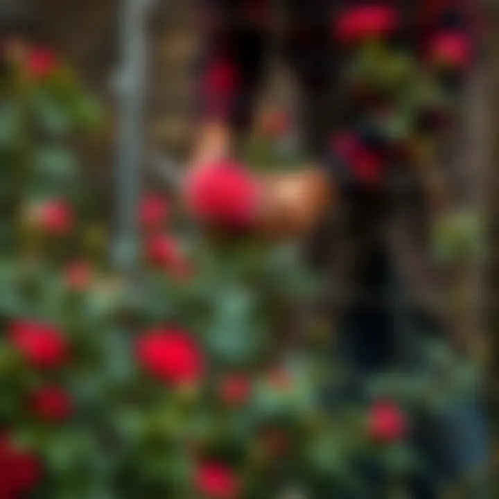 A gardener in action, pruning rose bushes