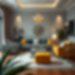 Elegant living room showcasing a grey and yellow sofa arrangement