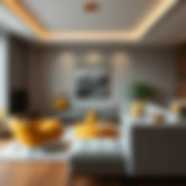 Modern lounge area highlighting grey and yellow color scheme