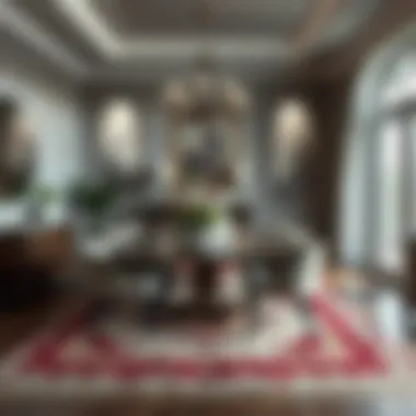 An elegant dining area featuring a large area rug that complements the decor.