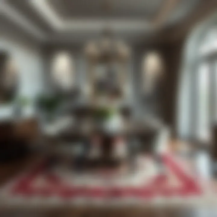 An elegant dining area featuring a large area rug that complements the decor.