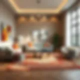 A stylish living room showcasing various rug sizes and patterns.