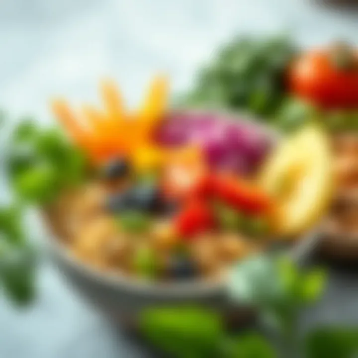 A colorful and vibrant healthy bowl with fresh vegetables and grains.