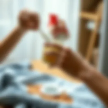 A person applying a homemade solution to a stained garment