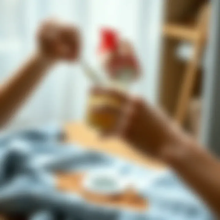 A person applying a homemade solution to a stained garment