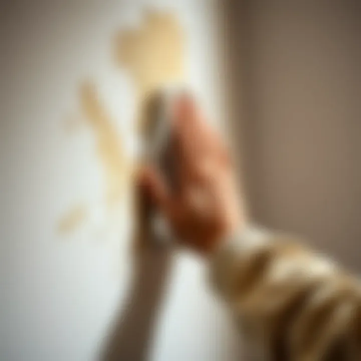 A person scrubbing a wall stain