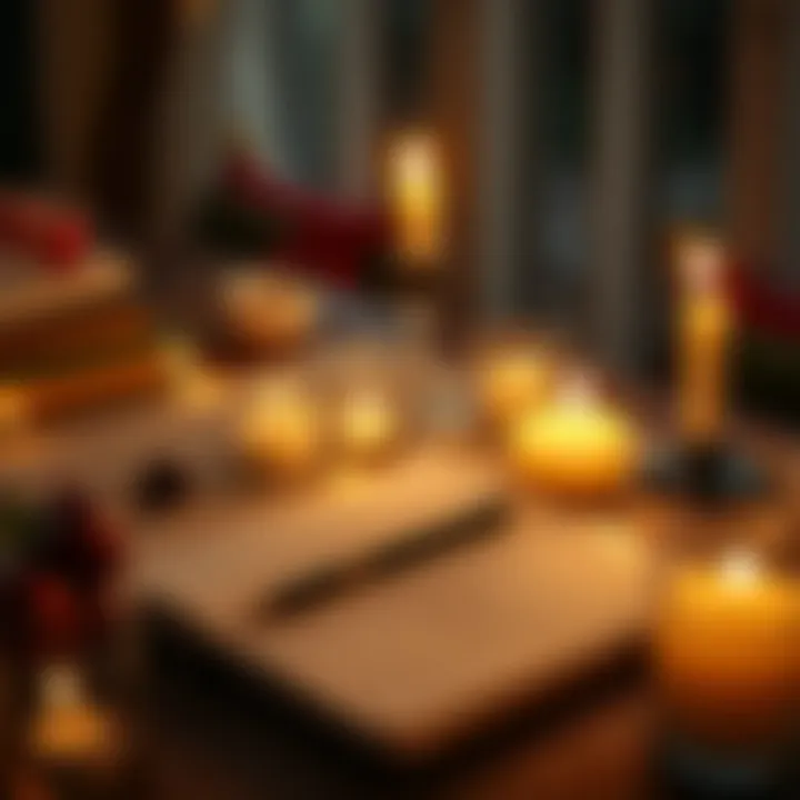 Inspirational setting with candles and a journal to write New Year's goals