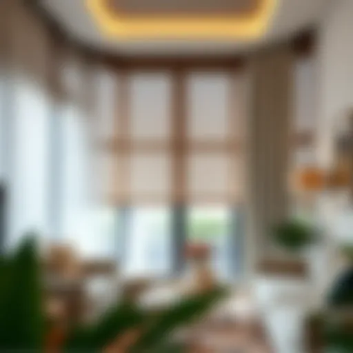 Elegant view of a modern room featuring stylish blinds and sheer curtains