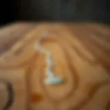 A wooden table with glue residue