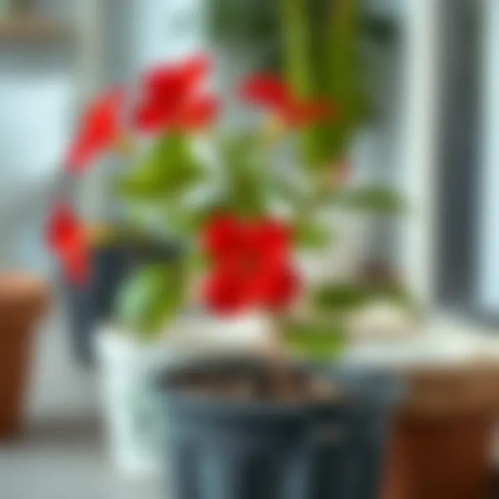 A thriving potted red peace flower with care tips.