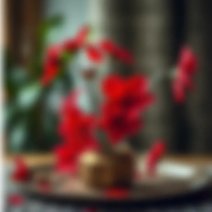 Creative arrangement using red peace flowers in a handmade project.