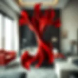 A striking abstract representation of red and black merging together in artistic form.