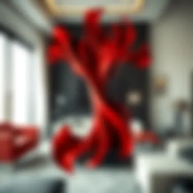 A striking abstract representation of red and black merging together in artistic form.